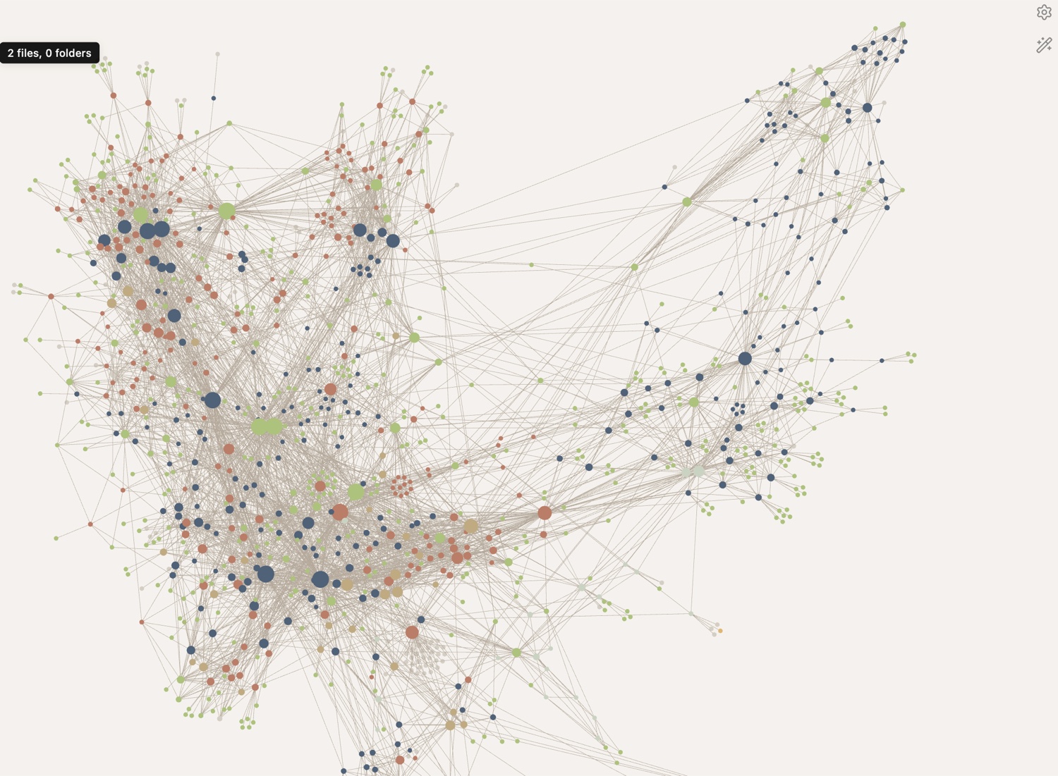 The knowledge base as an Obsidian graph: hundreds of cross-linked notes