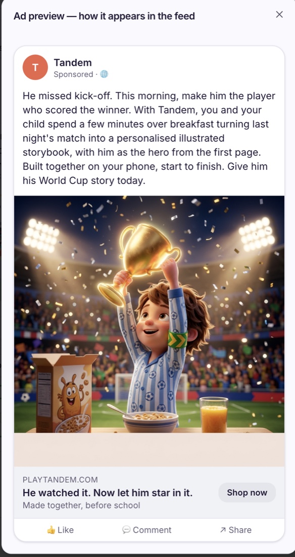 A finished Tandem ad as it appears in the Meta feed