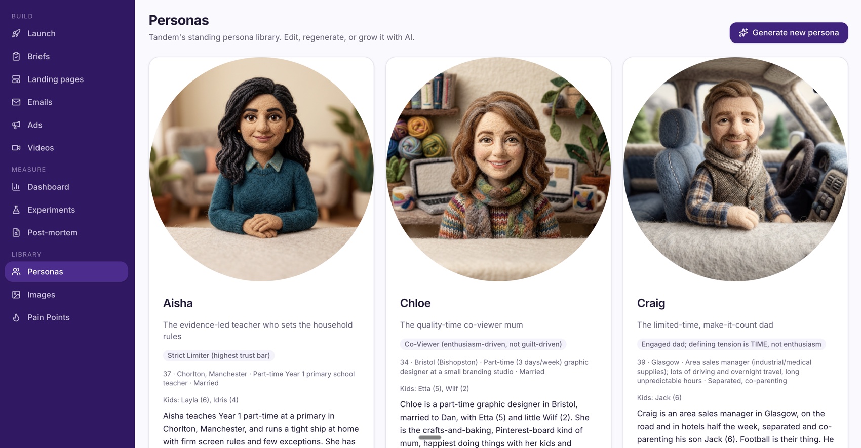 The standing persona library: named, grounded customer personas the engine builds every campaign from