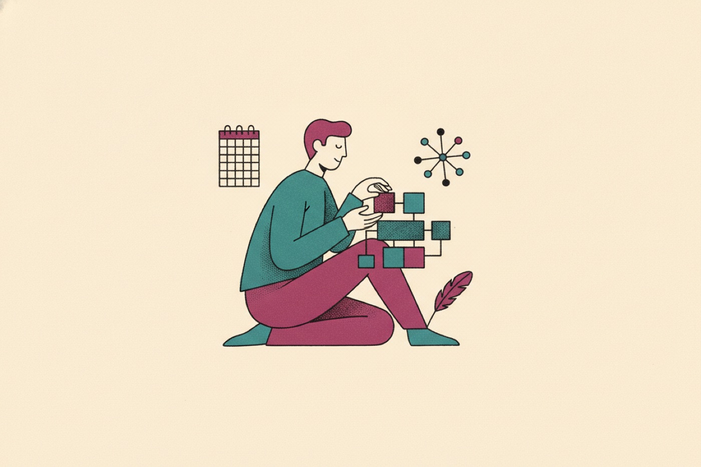 Risograph illustration of one person assembling their own AI operating system