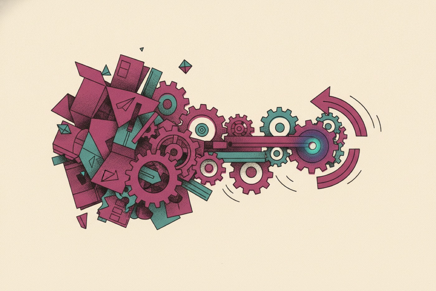 Risograph illustration of a scattered manual process resolving into one self-turning machine with an AI node