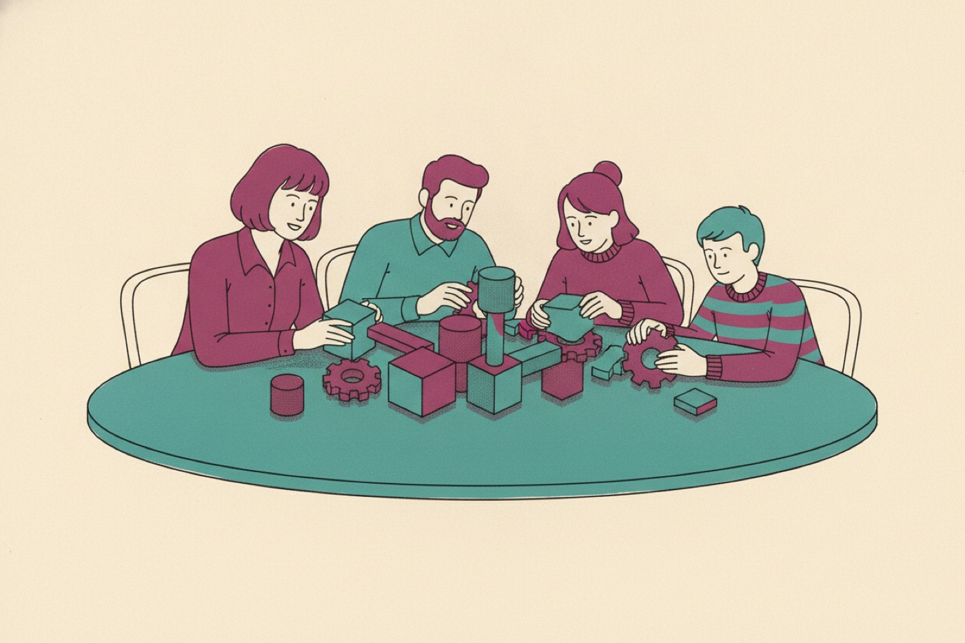 Risograph illustration of a team assembling an organization's operating system together