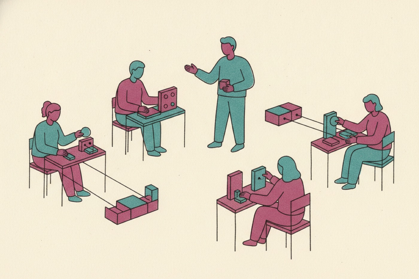 Risograph illustration of a guide with people each building their own AI operating system