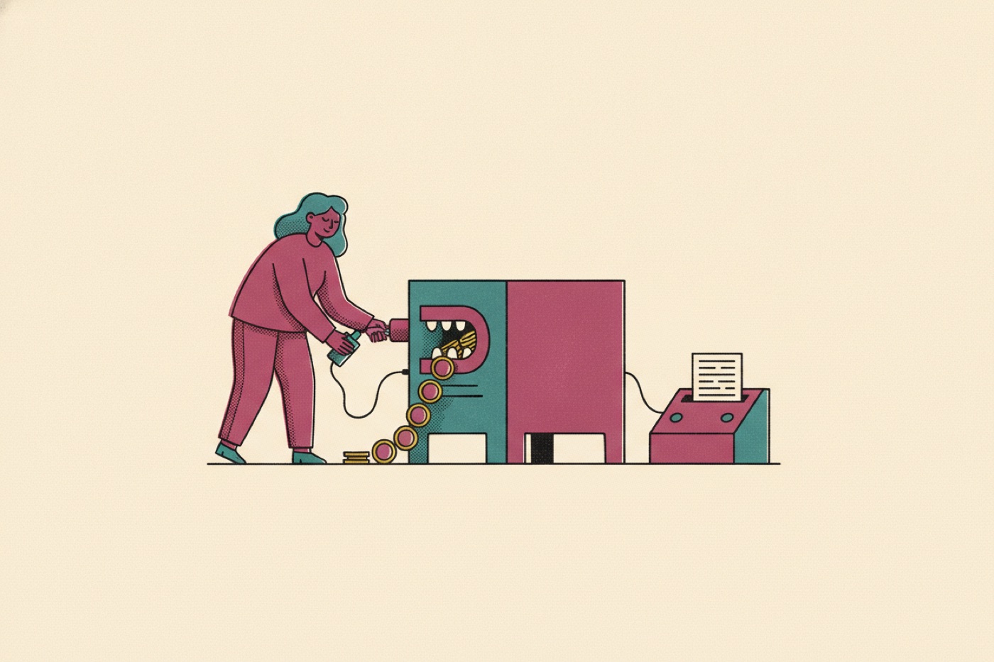 Risograph illustration of a person unplugging a coin-fed machine while a modest machine keeps printing.