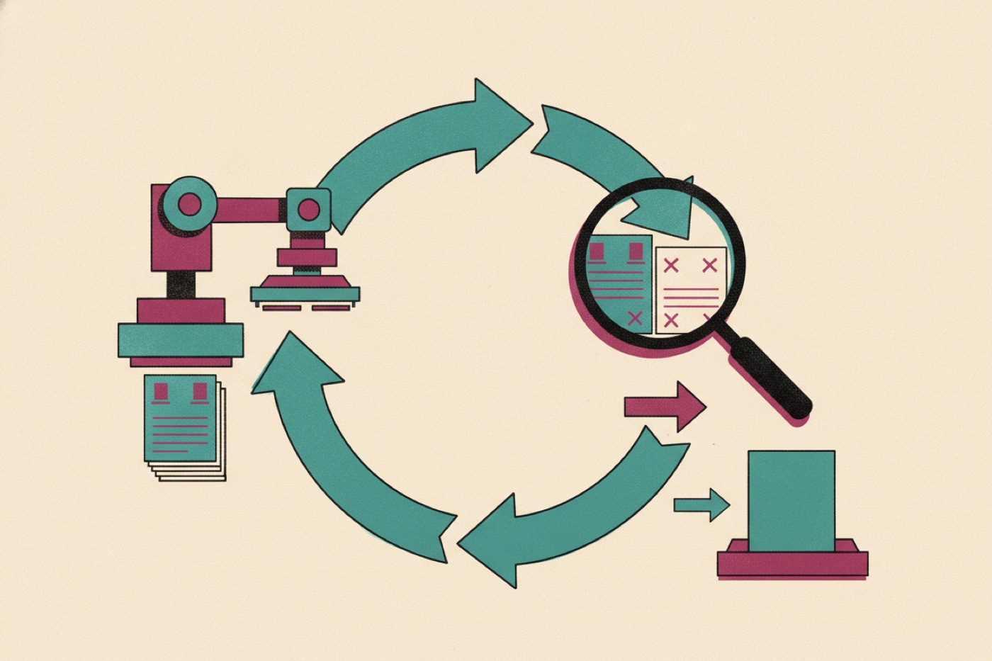 Risograph illustration of a document loop: a machine produces pages, a magnifying glass grades each one and sends failures back around the loop, and a single clean page exits to a tray.