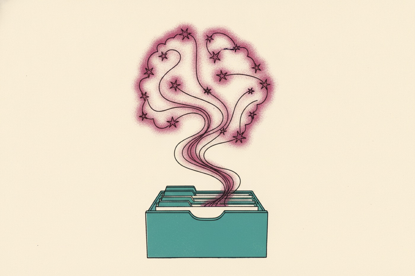 Risograph illustration of a drawer of plain files rising into a glowing constellation shaped like a mind.
