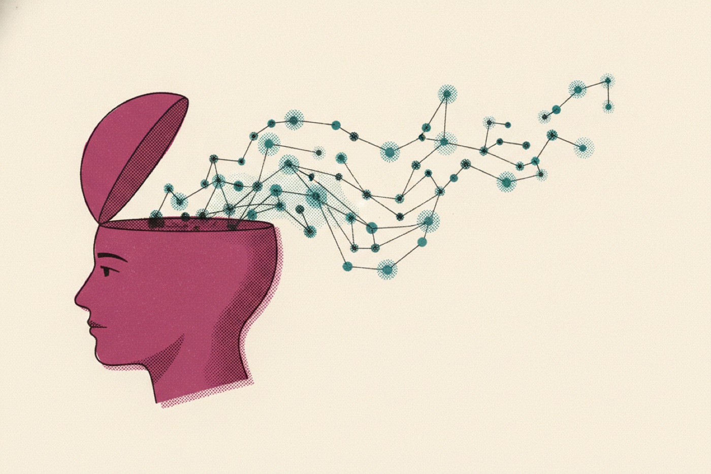 Risograph illustration of a mind opening into a web of connected nodes.