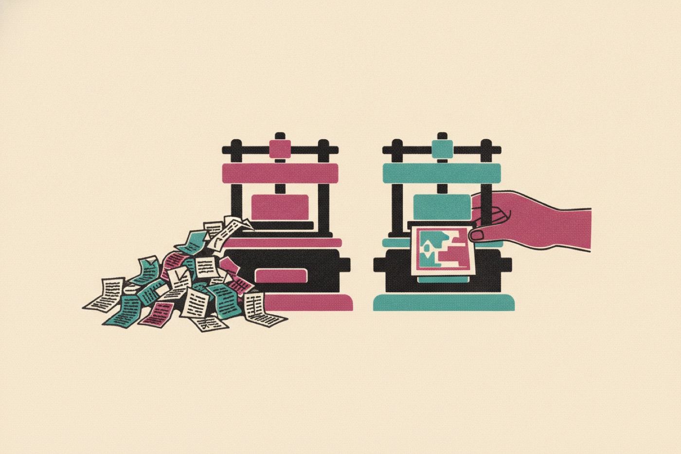 Risograph illustration of two presses: one spraying crumpled pages, one guided by a hand producing a clean print.