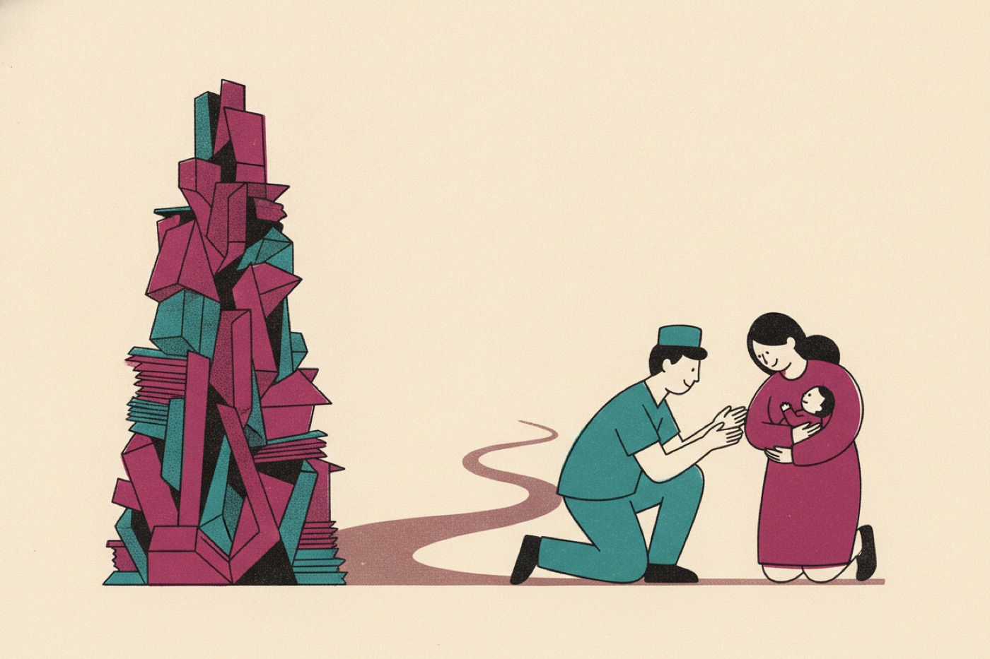 Risograph illustration of a pile of paper forms beside a health worker greeting a mother holding her baby.