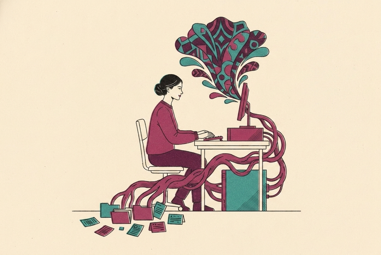 Risograph illustration of a woman working at a computer fed by roots of pages and folders, with a patterned bloom rising from the screen.