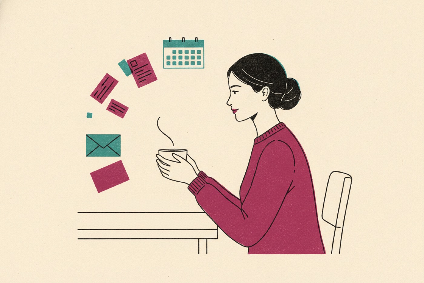 Risograph illustration of a woman at her desk as her schedule organizes around her.