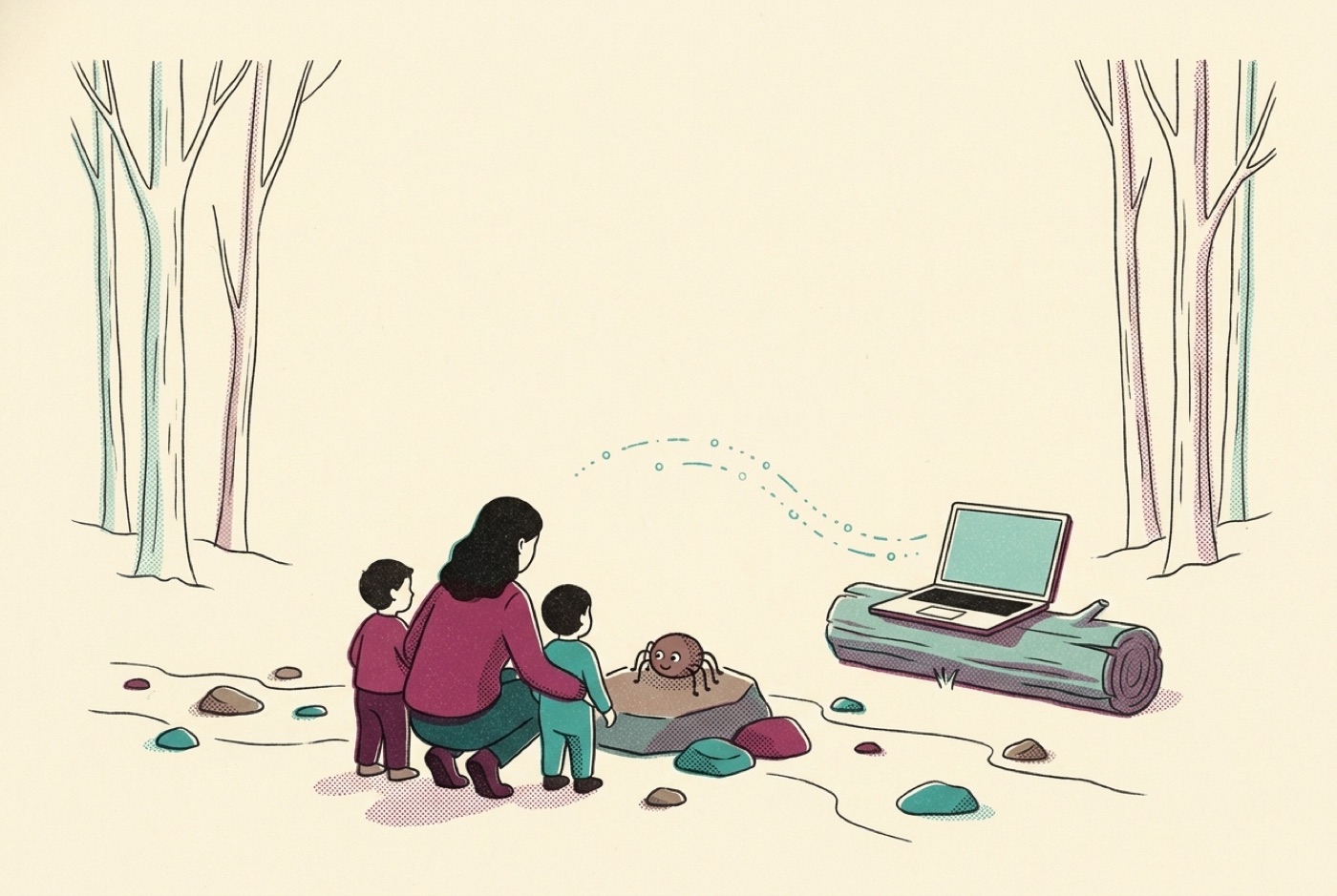 Risograph illustration of a mother and two small children crouching by a rock in a sunlit forest, looking at a friendly little spider, with an open laptop on a log beside them and a dotted line drifting from its screen.