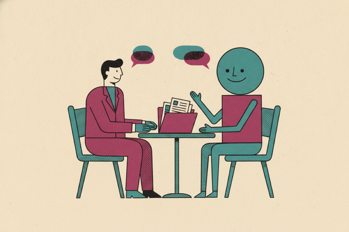 Risograph illustration of a person interviewing a friendly geometric figure across a small table.