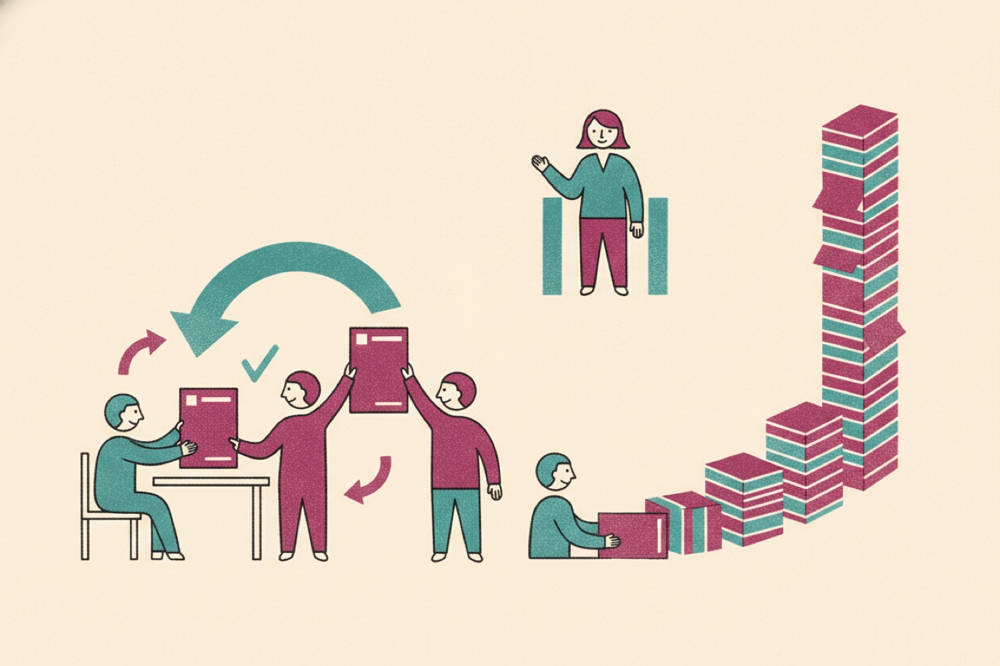 Risograph illustration of AI agents passing an ad around a loop, one grading it, a human approving at a gate, and a compounding stack.