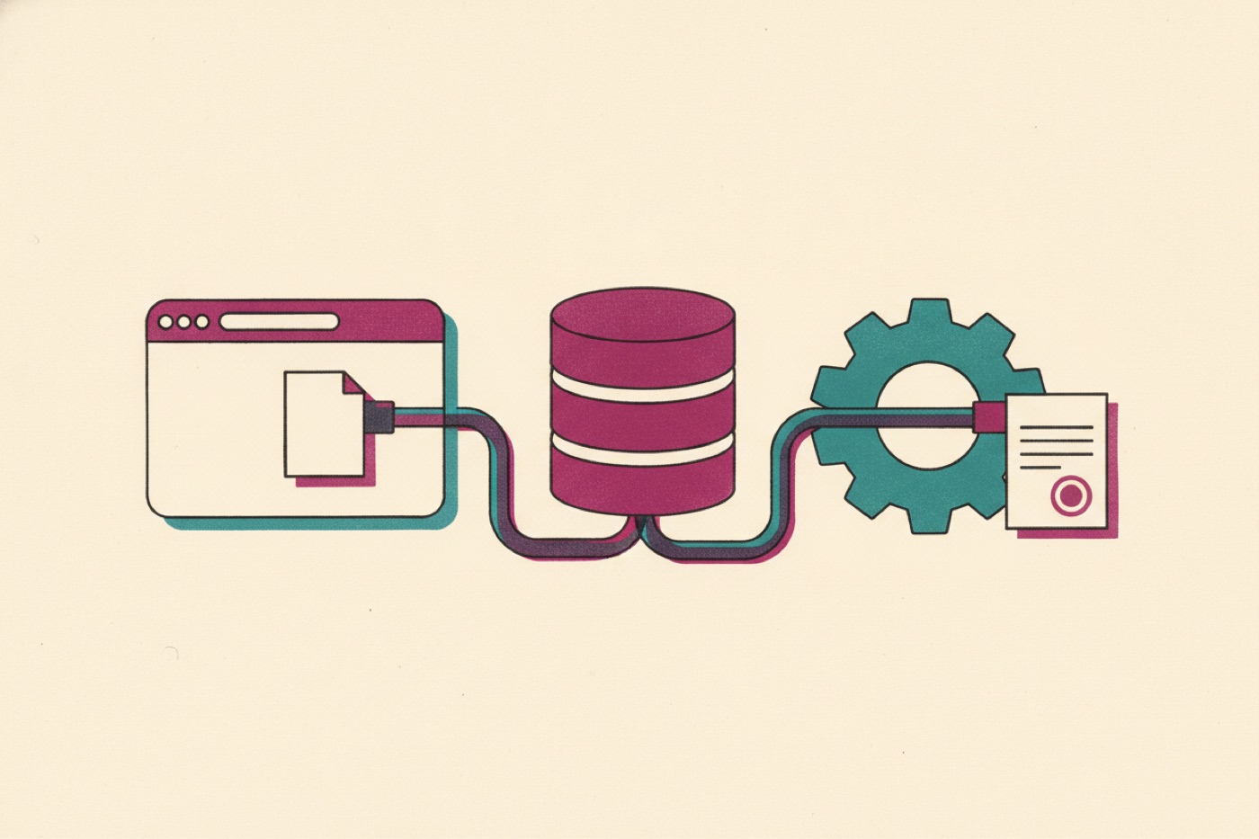 Risograph illustration of a browser, database, and gear connected by cables with a document flowing through.