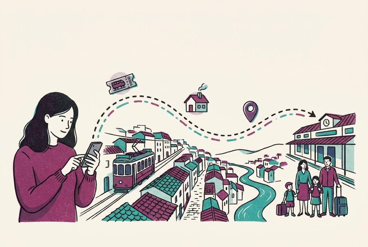 Risograph illustration of a woman tapping on her phone while a dashed route carries a train ticket, a house and a map pin across Lisbon's trams and rooftops to a family waiting with suitcases at a station.