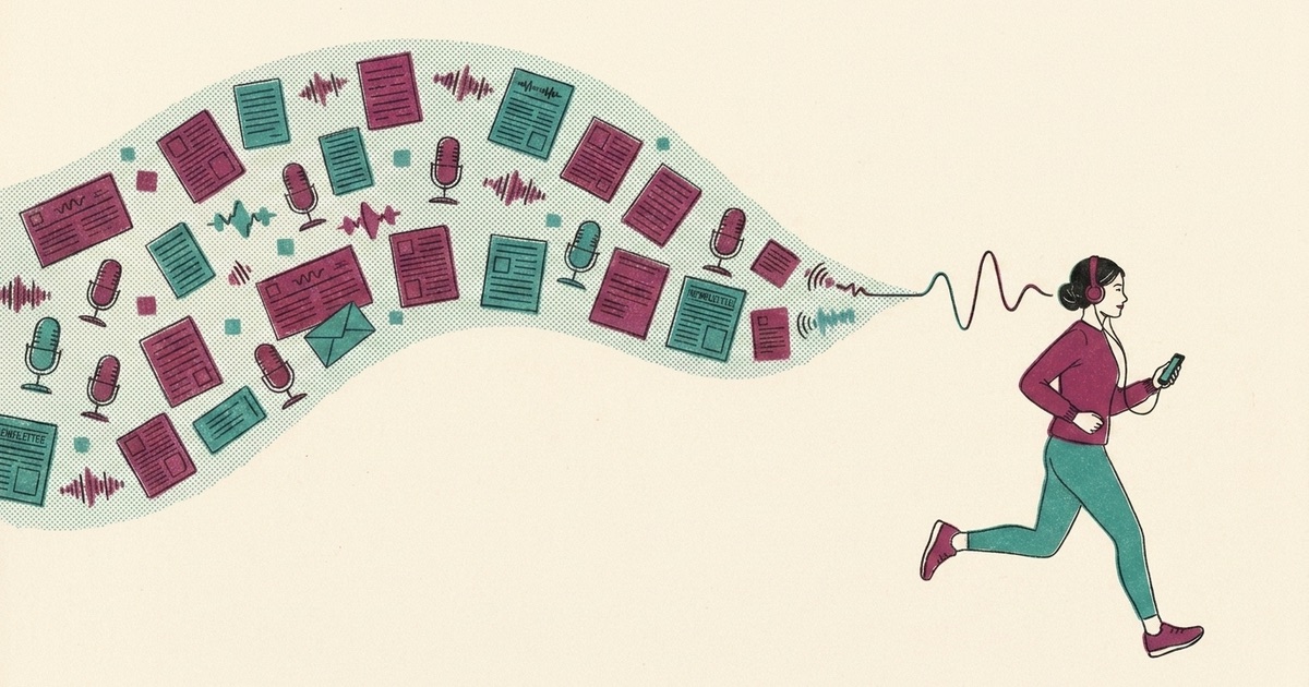 Risograph illustration of a stream of documents, newsletters and microphones flowing into a sound wave that reaches the headphones of a woman out running.