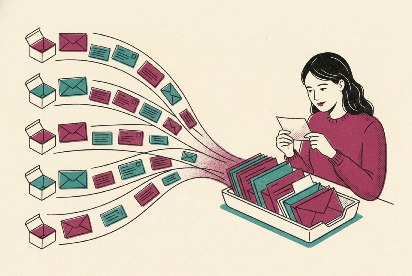 Risograph illustration of five streams of envelopes and message cards flowing from five separate boxes into a single sorted tray, where a woman lifts one card and reads it.