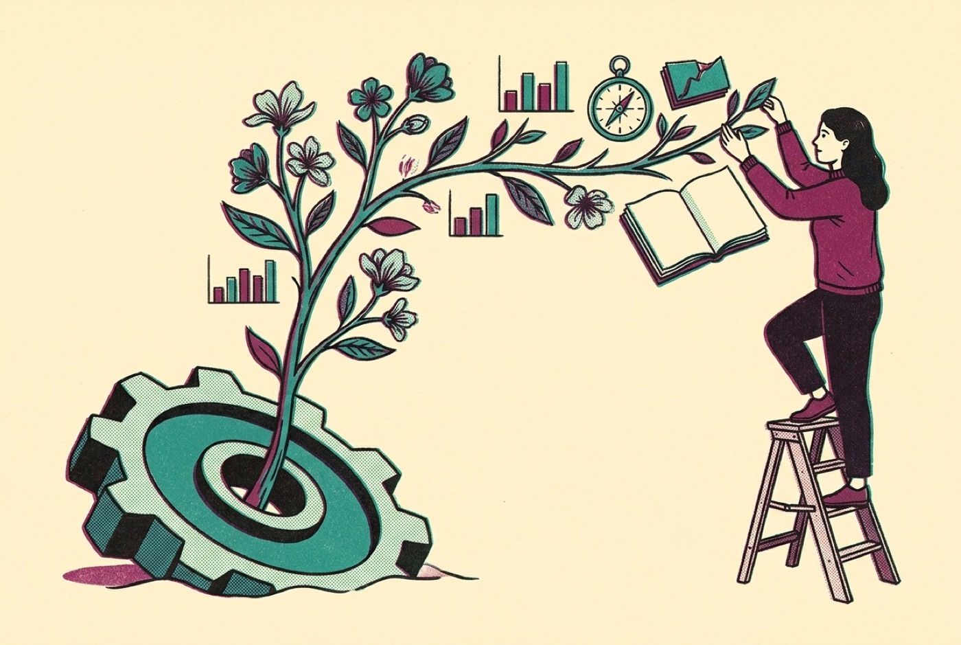 Risograph illustration of a flowering branch growing out of a heavy industrial cog, with small bar charts, a compass and an open book among its leaves, while a woman on a step ladder tends the highest branch.