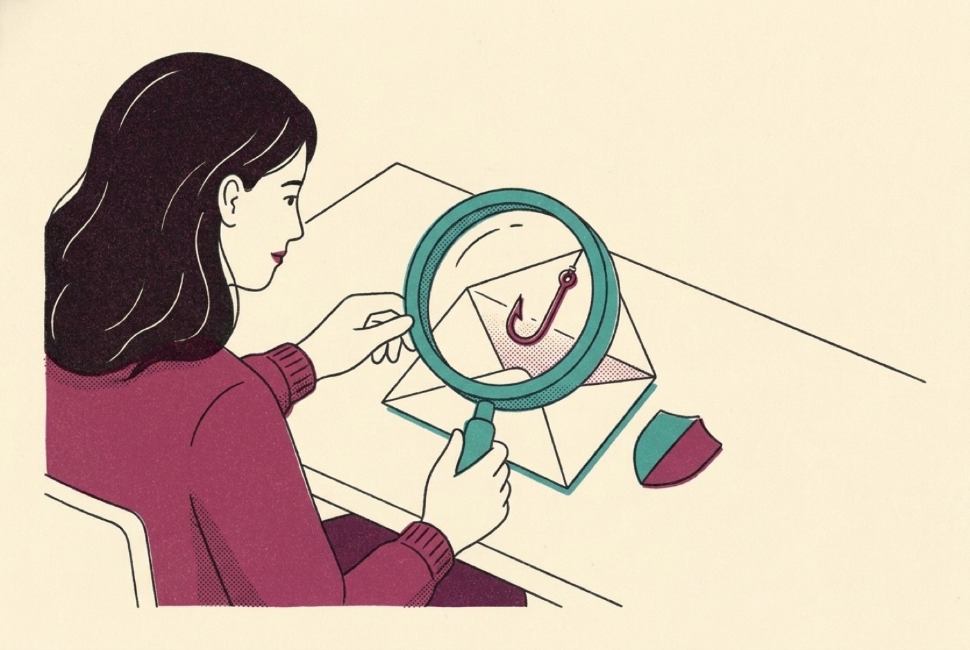 Risograph illustration of a woman at a desk holding a magnifying glass over an open envelope, revealing a small fishing hook hidden inside, with a shield beside it.
