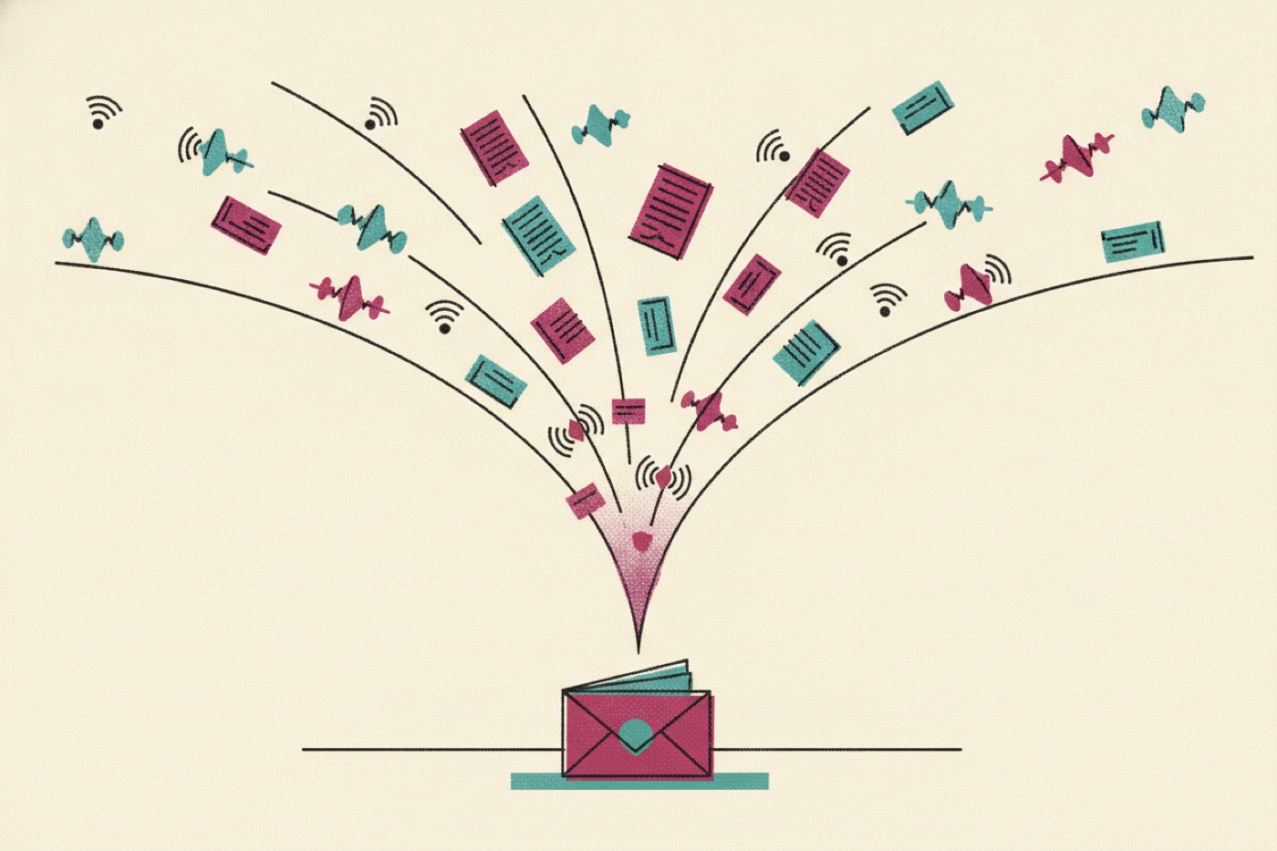 Risograph illustration of many sources funneling into a single briefing envelope.